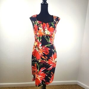 Dress Barn Orange & Black Cap Sleeve Floral Cocktail Career Office Dress Size 10